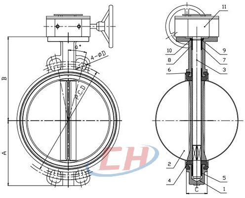四氟密封對夾蝶閥結構圖